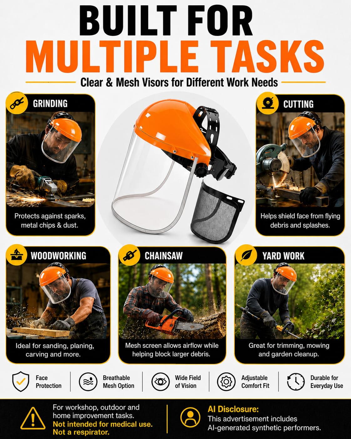 2-In-1 Yard Work Face Shield for Chainsaw & Trimming, Clear Anti-Fog Visor & Mes