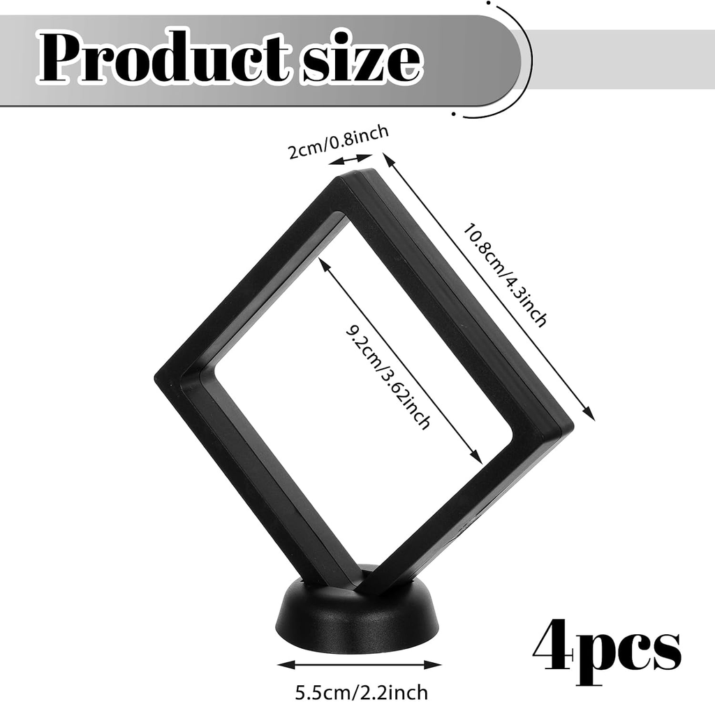 4 Pack 4.3 Inch Floating Display Case, Floating Frame with Stand, Black Abs Plas