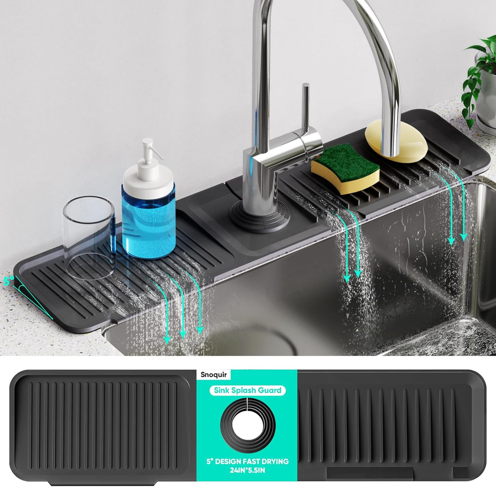24 Inch Longer Faucet Mat for Kitchen Sink, 5° Slope Fast Self-Draining, Kitchen