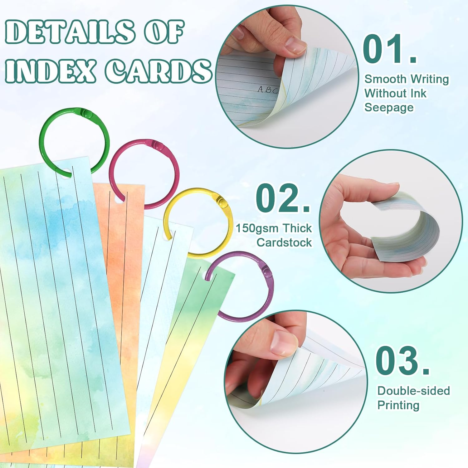 500 PCS Colored Index Cards with Hole Lined Flash Cards with Binder Rings Waterc