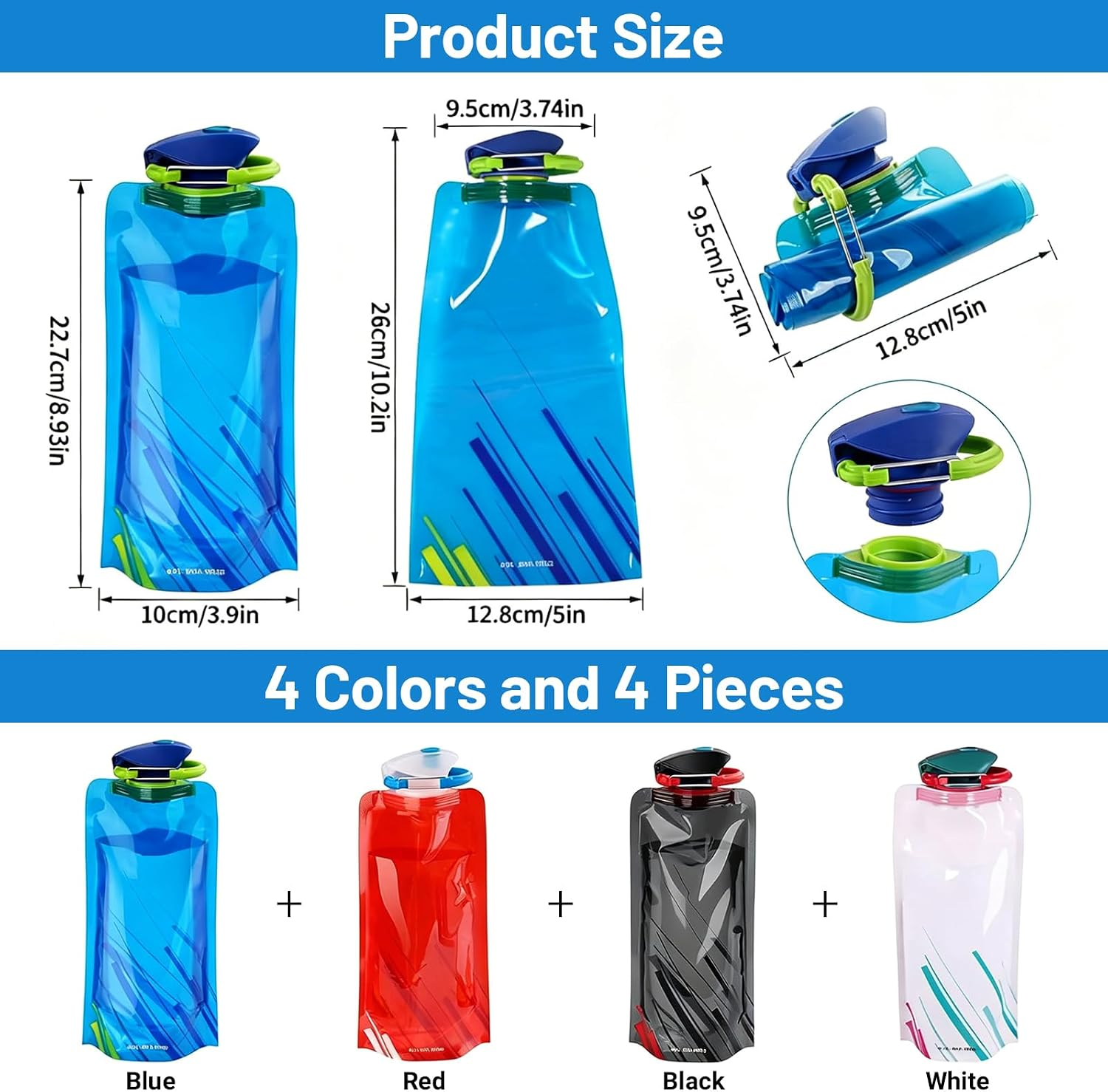 4 Pack Collapsible Water Bottles for Travel, 24Oz(700 Ml) Foldable Water Bottle
