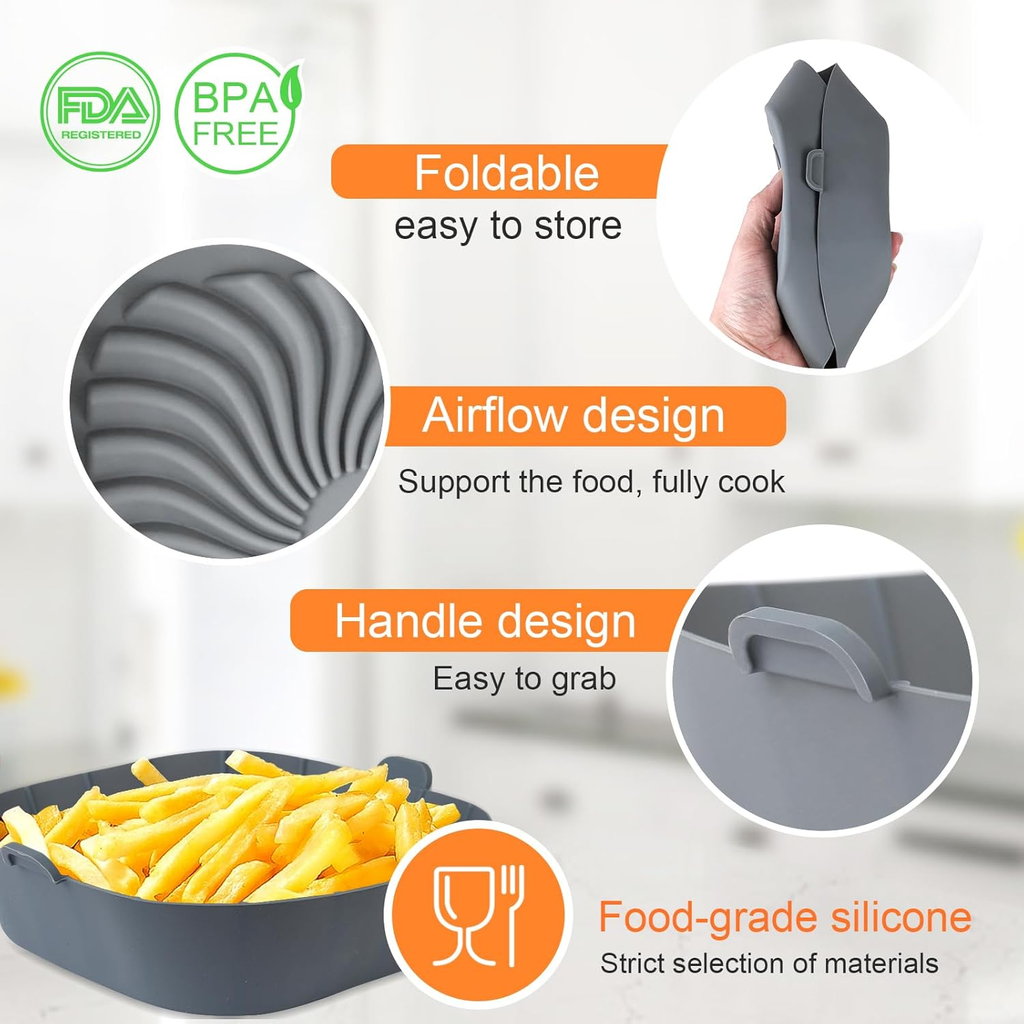 3Pack Air Fryer Silicone Liners for COSORI, Ninja, CHEFMAN and Most 1-2 Qt | Squ