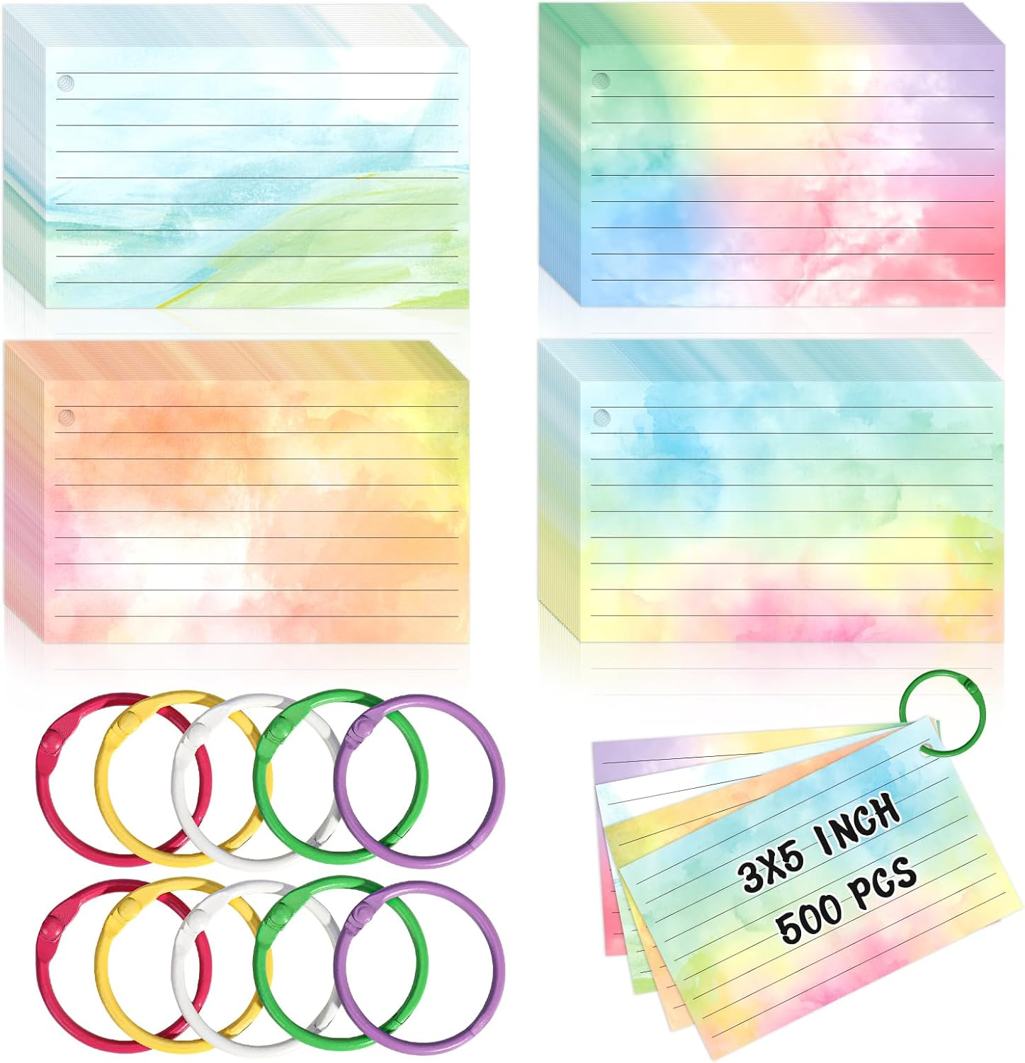 500 PCS Colored Index Cards with Hole Lined Flash Cards with Binder Rings Waterc