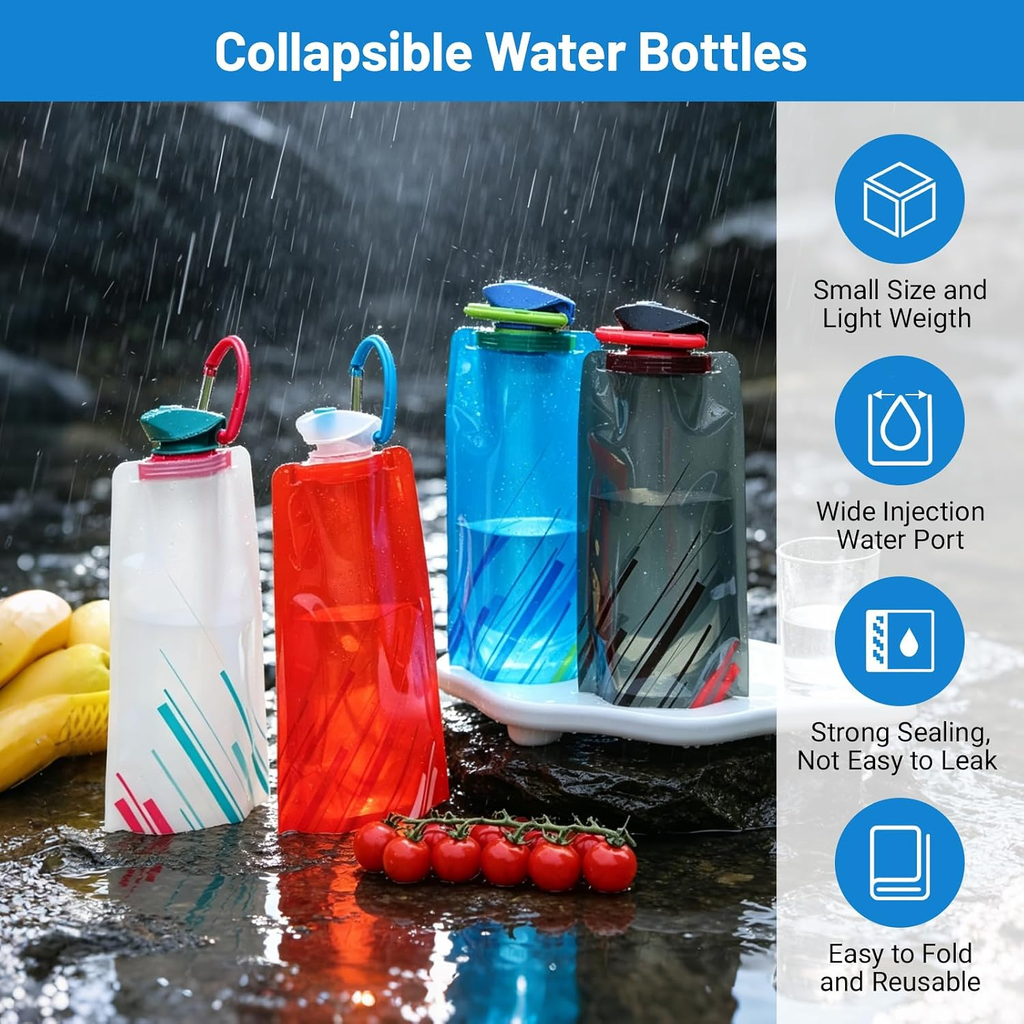 4 Pack Collapsible Water Bottles for Travel, 24Oz(700 Ml) Foldable Water Bottle