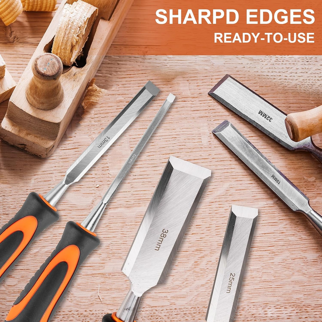 11PCS Wood Chisel Sets((1/4", 1/2", 3/4", 1", 1-1/4", 1-1/2") | Cr-V Bevel Edge