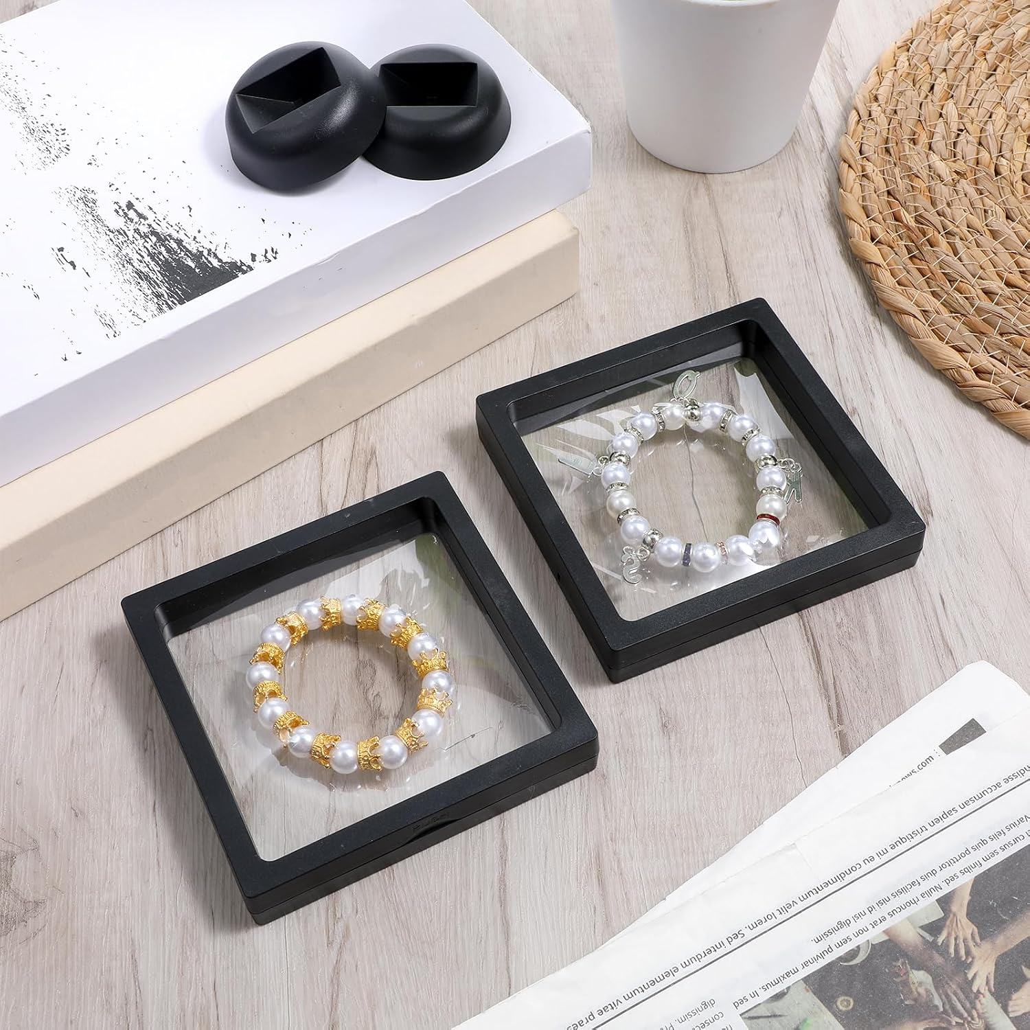 4 Pack 4.3 Inch Floating Display Case, Floating Frame with Stand, Black Abs Plas