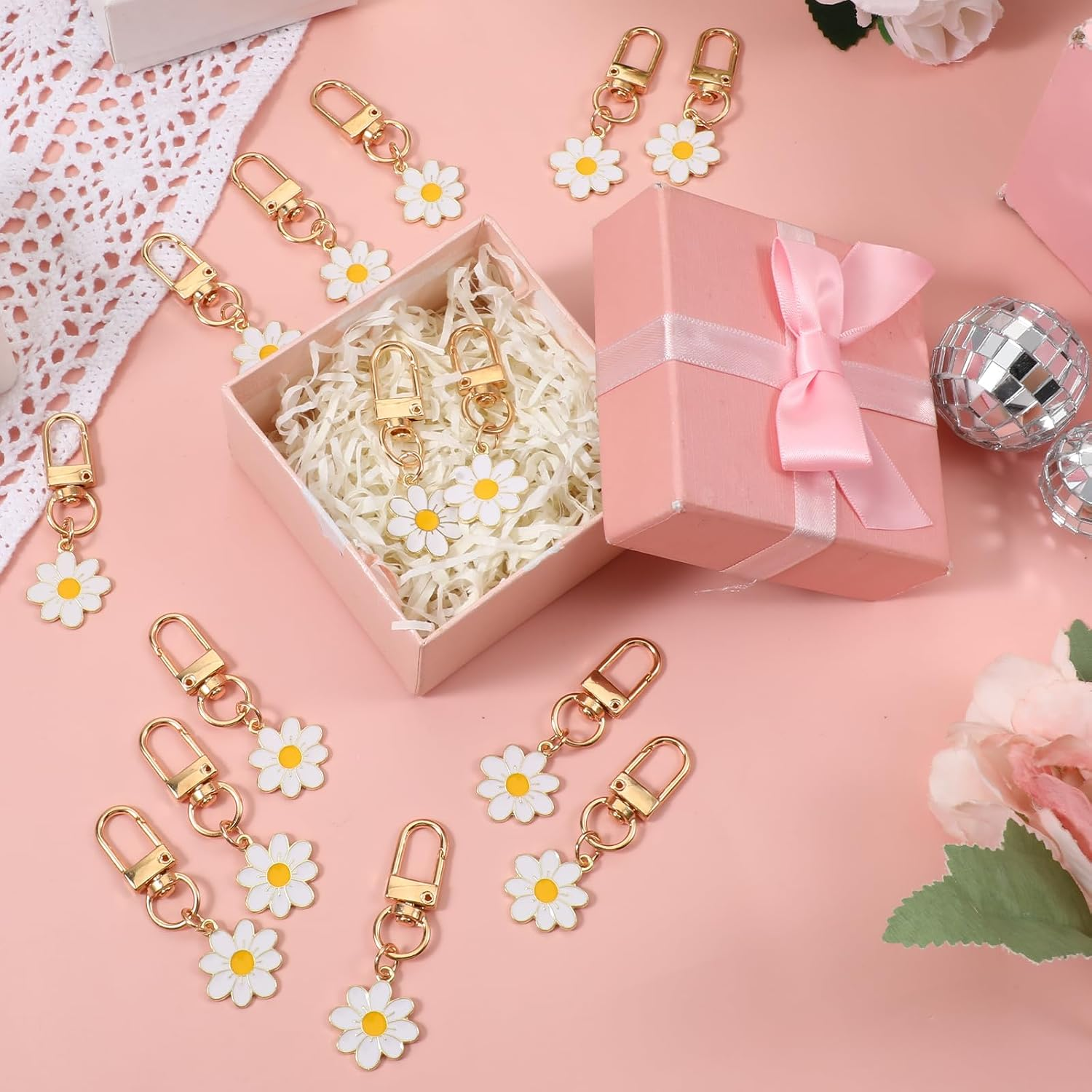 24 Pcs Flower Keychain, Daisy Keychain Cute Flower Tassel Keychains for Handbags