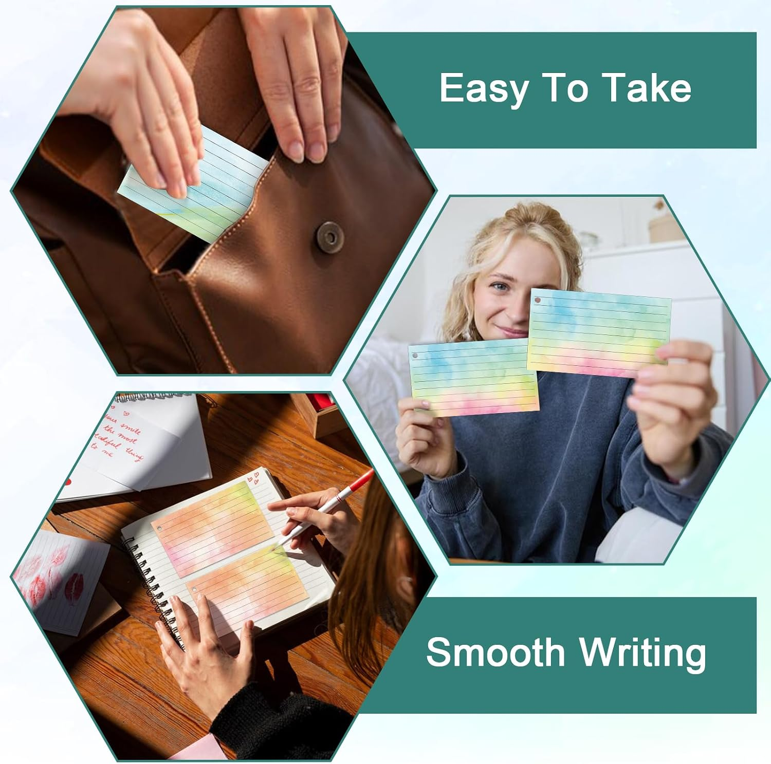 500 PCS Colored Index Cards with Hole Lined Flash Cards with Binder Rings Waterc