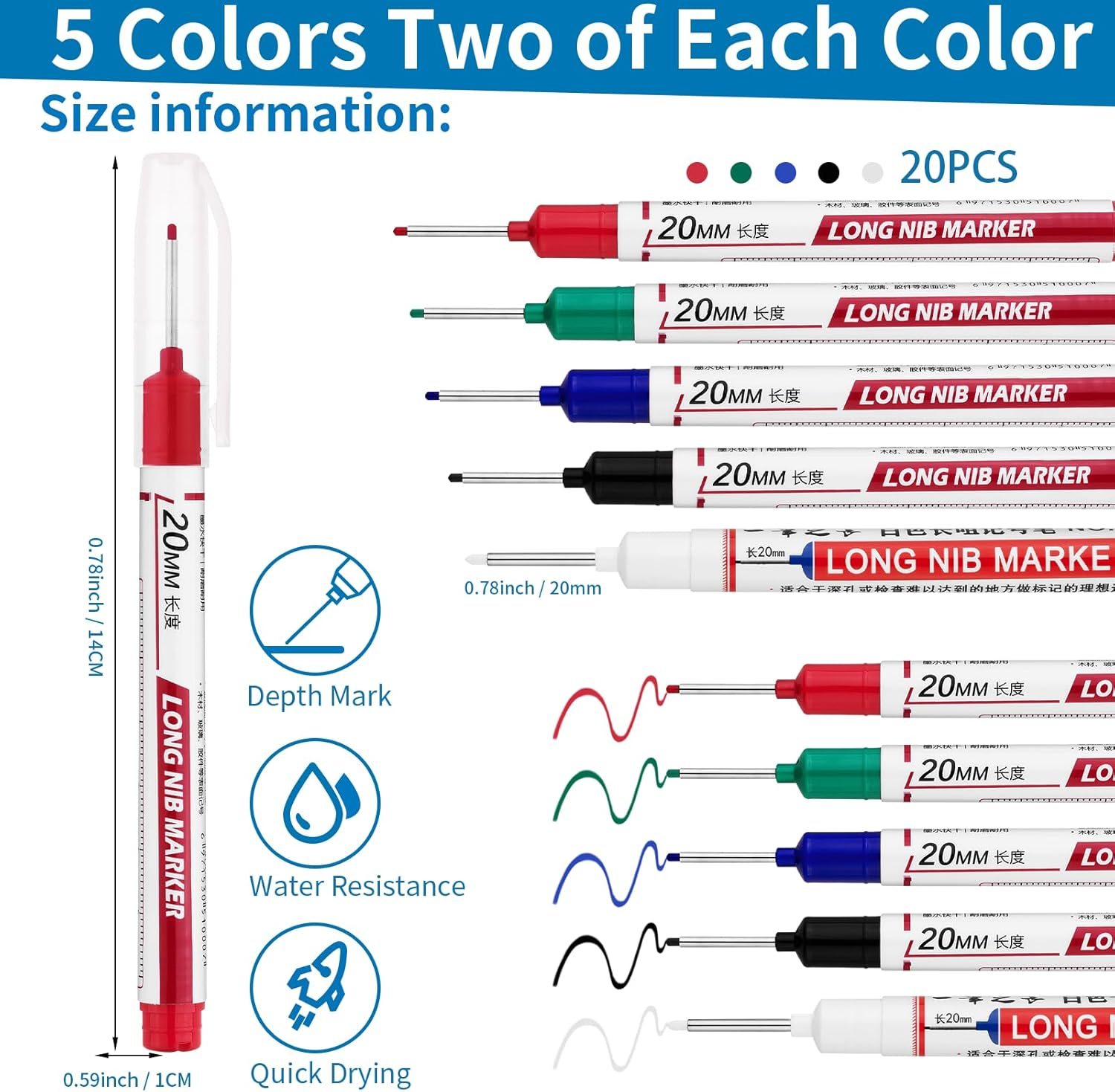 20 PCS Long Head Deep Hole Marker Pens,20Mm Long Nib Marker, Longs Nose Markers,