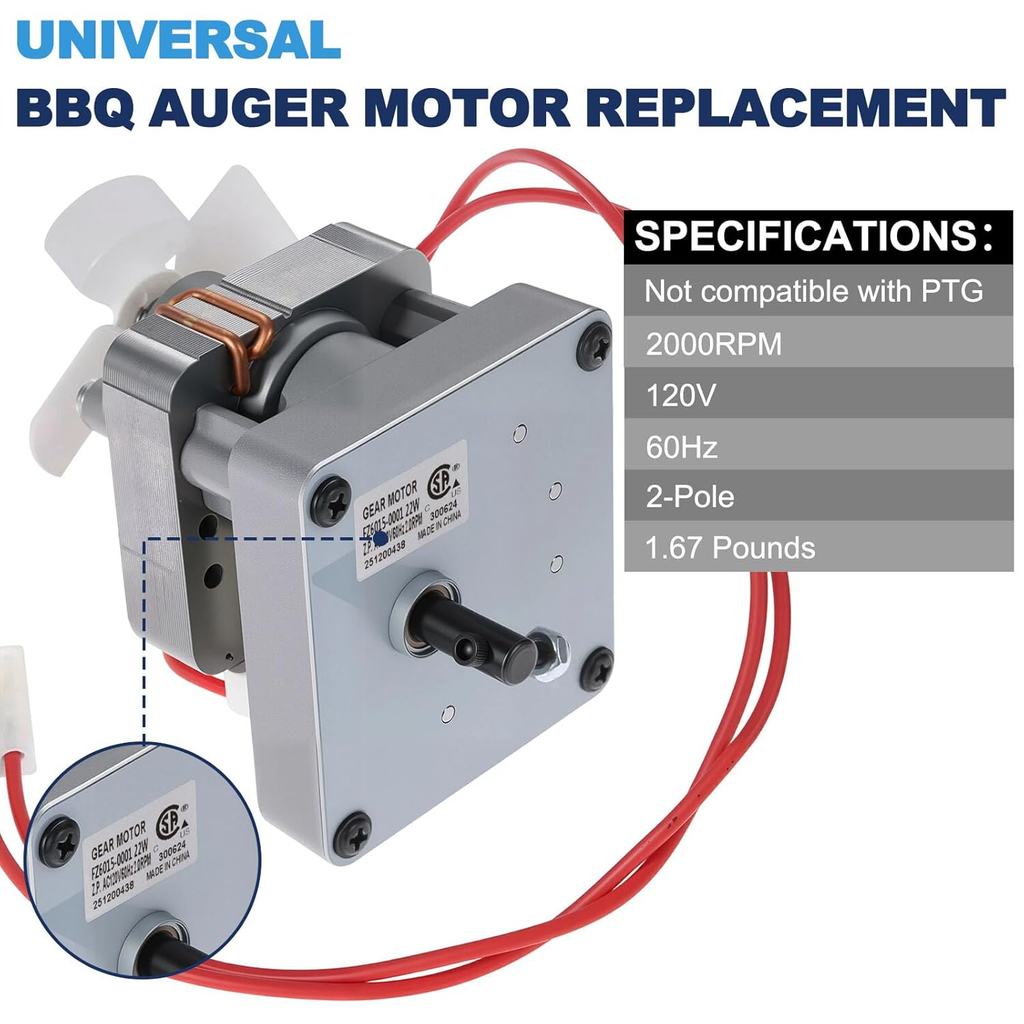 2.0 RPM Upgraded Barbecue Auger Motor Replacement | 120V 60Hz with 2 Pole, Compa