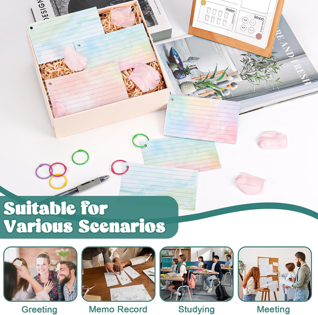 500 PCS Colored Index Cards with Hole Lined Flash Cards with Binder Rings Waterc