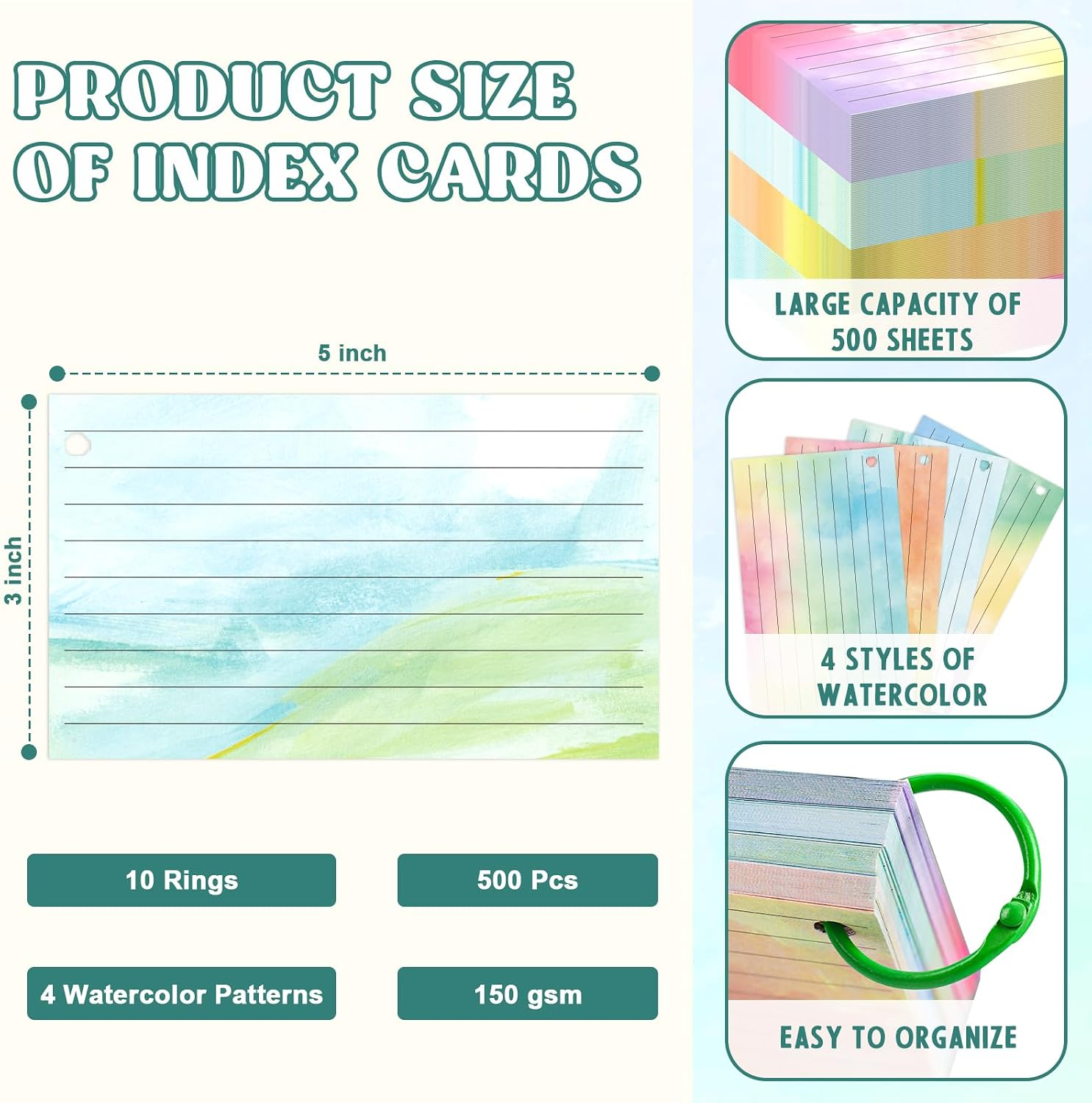 500 PCS Colored Index Cards with Hole Lined Flash Cards with Binder Rings Waterc