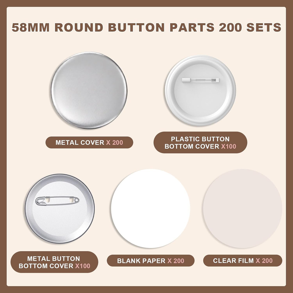 200 Sets round Button Supplies 58Mm | Including 2 Different Backing Pins (Plasti