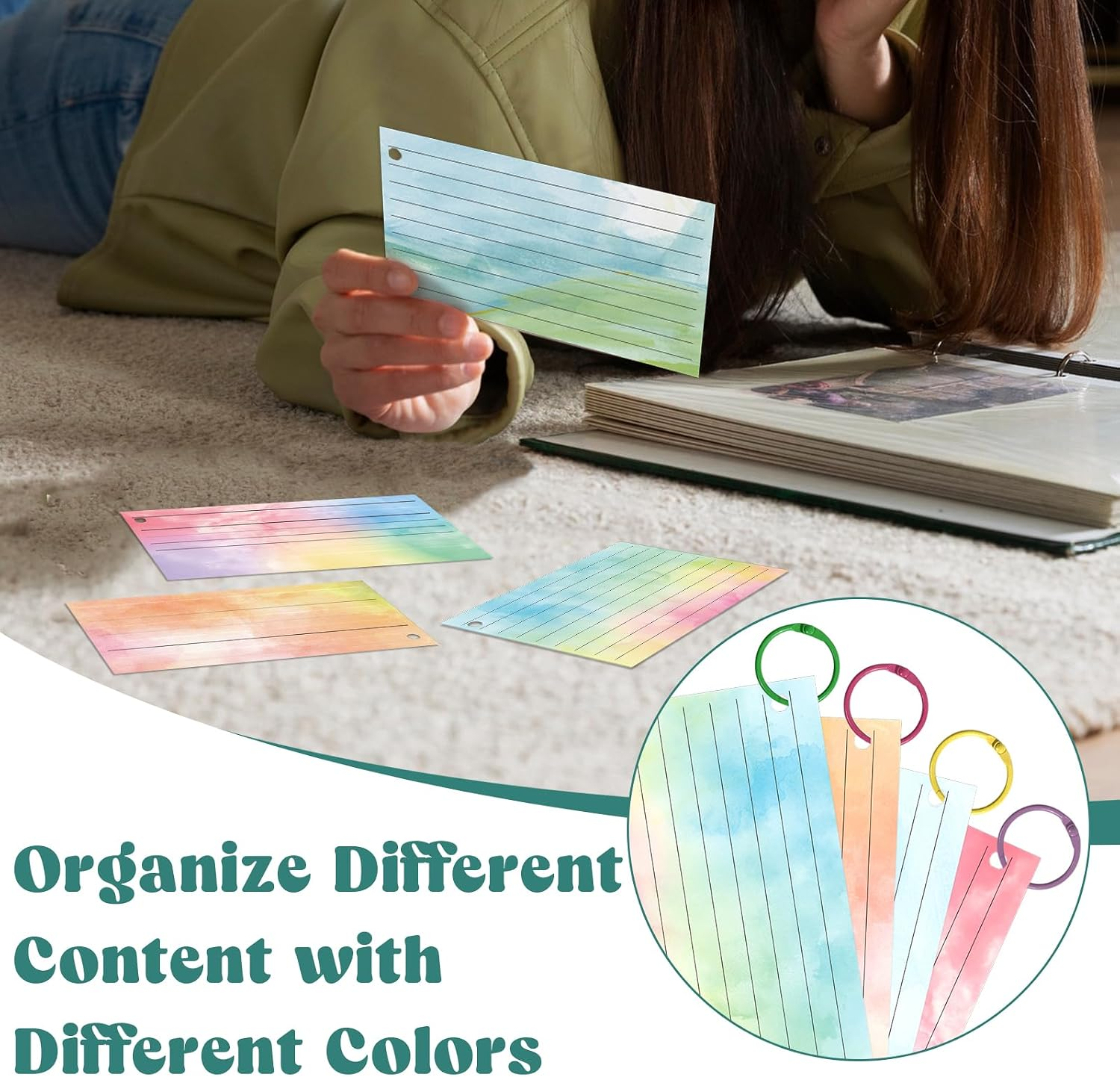 500 PCS Colored Index Cards with Hole Lined Flash Cards with Binder Rings Waterc