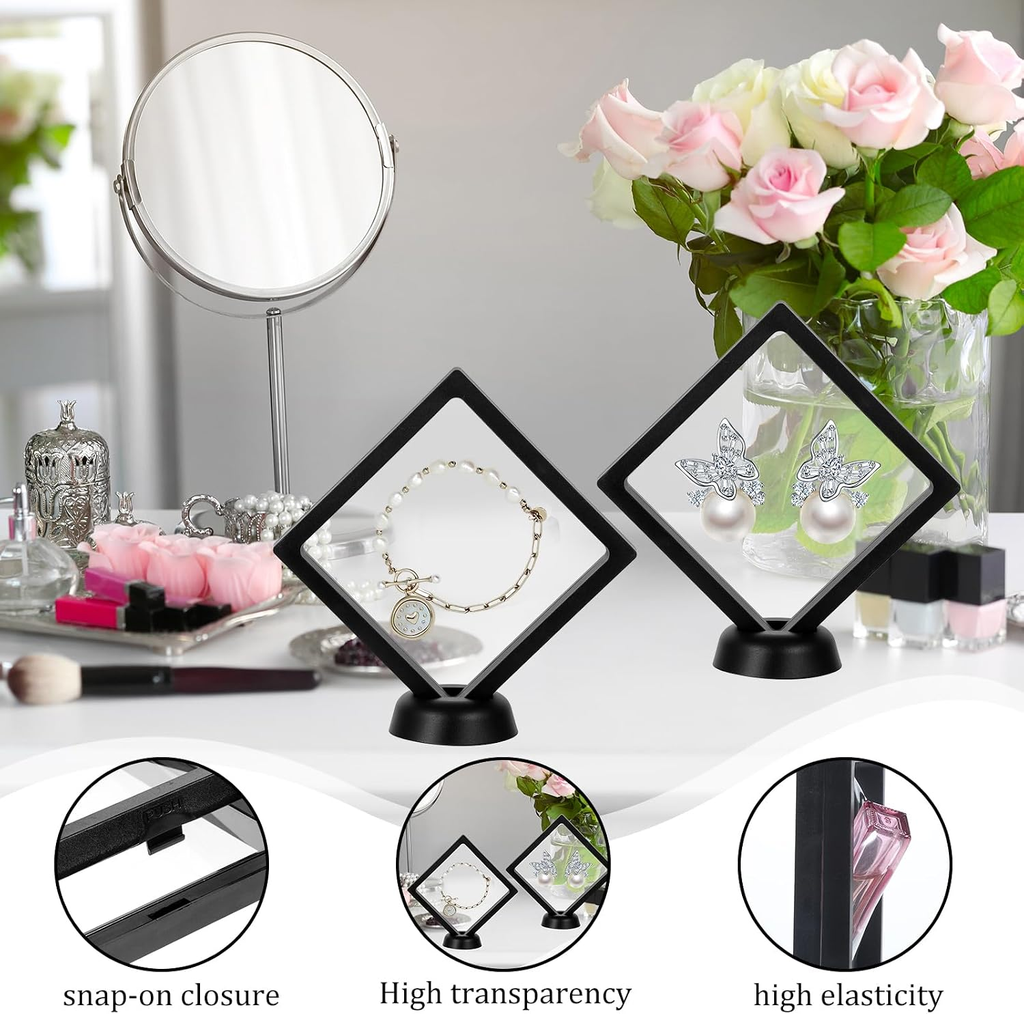4 Pack 4.3 Inch Floating Display Case, Floating Frame with Stand, Black Abs Plas