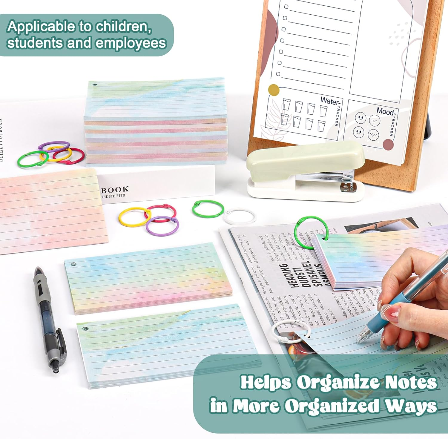 500 PCS Colored Index Cards with Hole Lined Flash Cards with Binder Rings Waterc