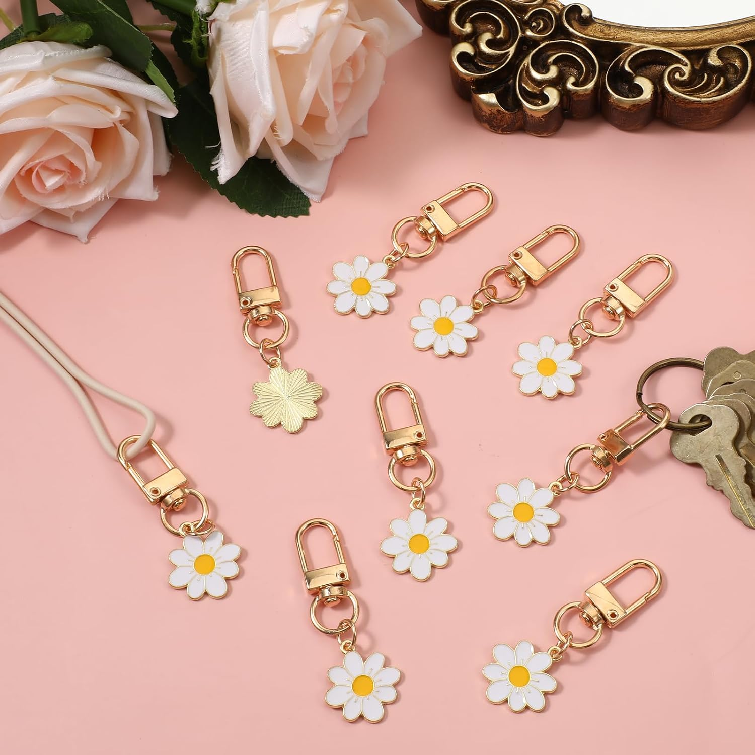 24 Pcs Flower Keychain, Daisy Keychain Cute Flower Tassel Keychains for Handbags