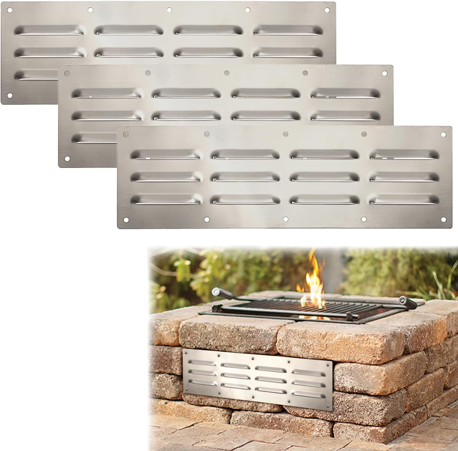 3 Pack Stainless Steel Venting Panel for Grill Accessory, Rectangle Grill Vent C