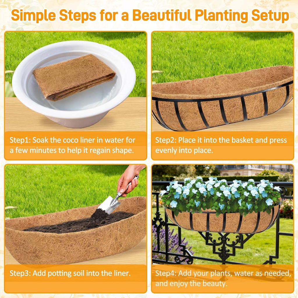 2 Pack 24 Inch Trough Coconut Liners for Planters- Natural Coco Liner Window Box