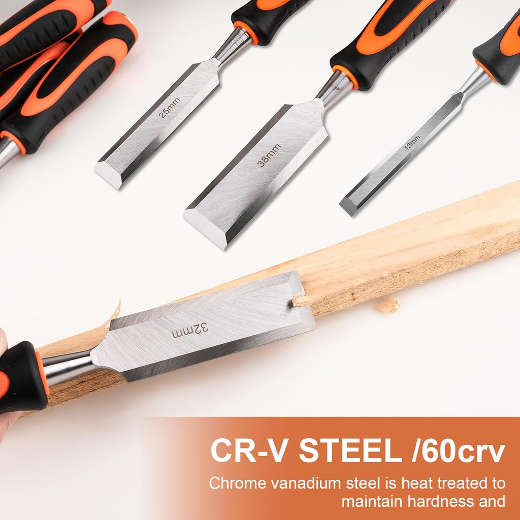 11PCS Wood Chisel Sets((1/4", 1/2", 3/4", 1", 1-1/4", 1-1/2") | Cr-V Bevel Edge