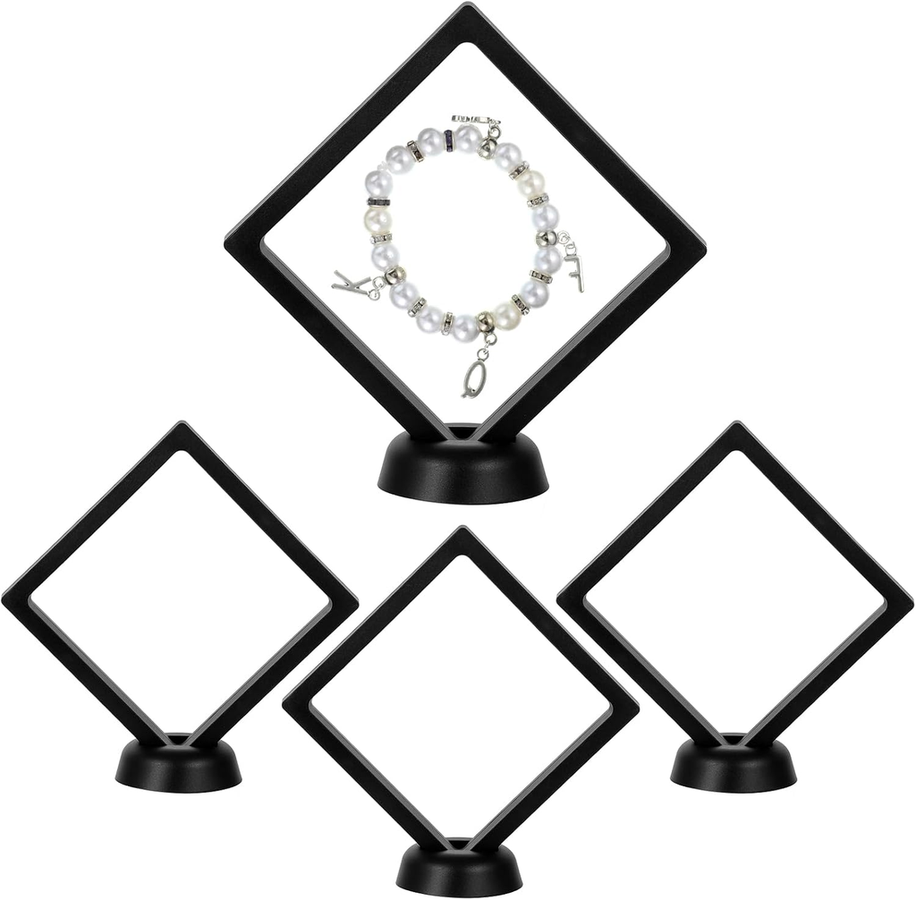 4 Pack 4.3 Inch Floating Display Case, Floating Frame with Stand, Black Abs Plas
