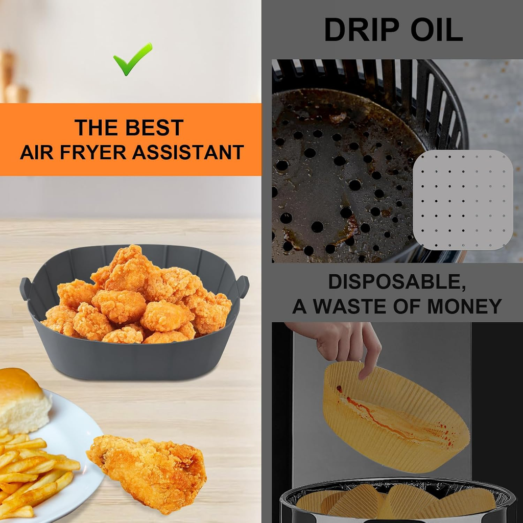 3Pack Air Fryer Silicone Liners for COSORI, Ninja, CHEFMAN and Most 1-2 Qt | Squ