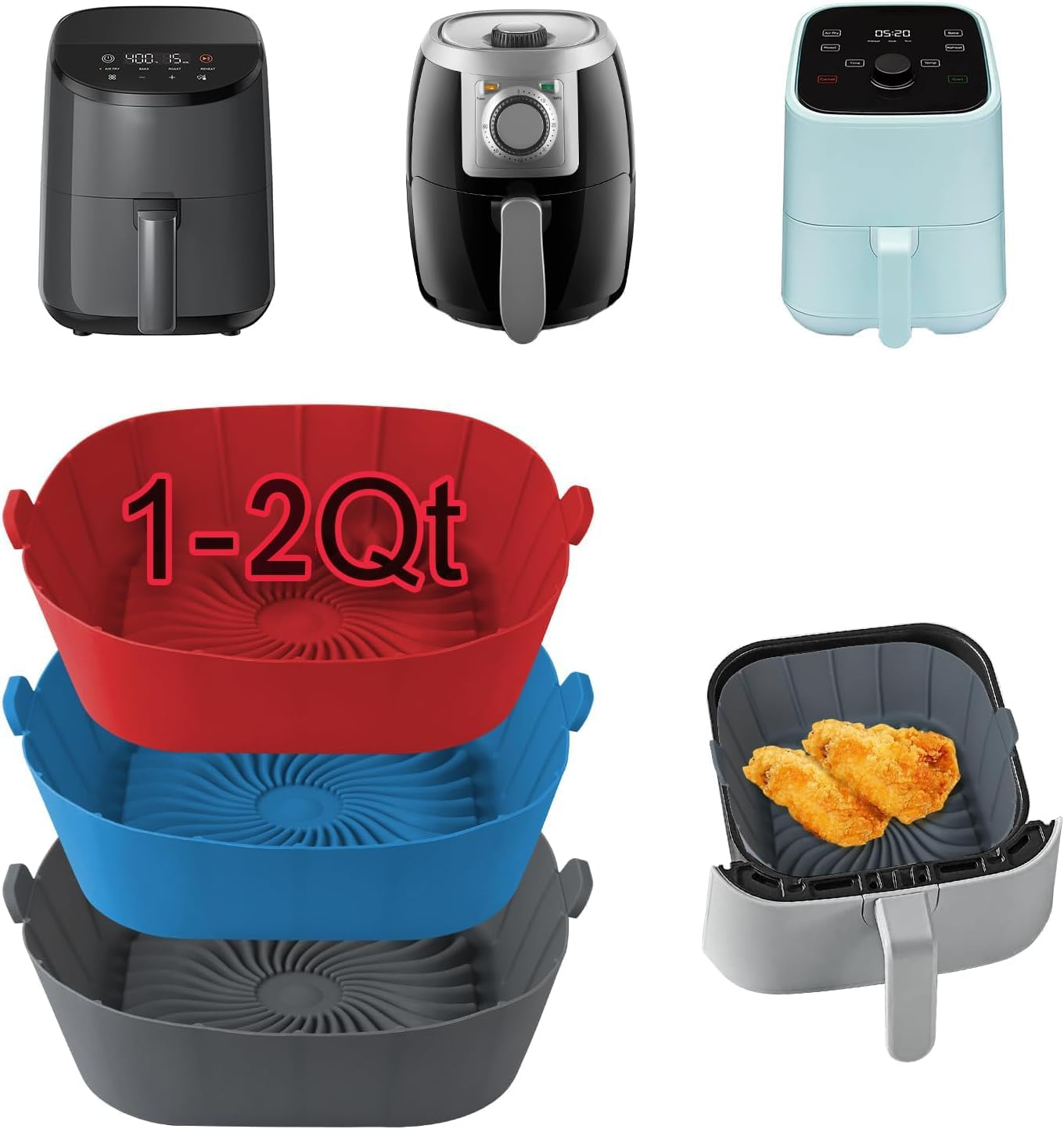 3Pack Air Fryer Silicone Liners for COSORI, Ninja, CHEFMAN and Most 1-2 Qt | Squ