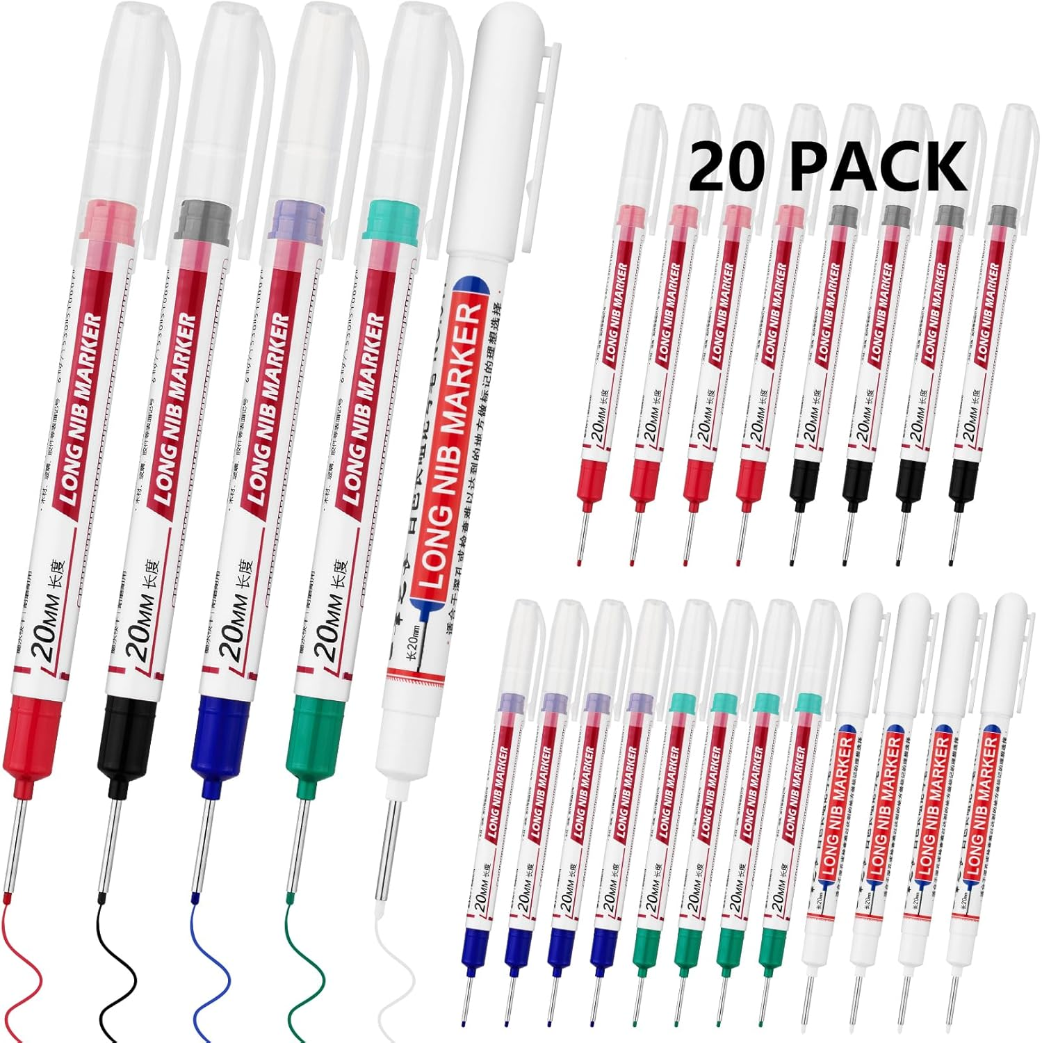20 PCS Long Head Deep Hole Marker Pens,20Mm Long Nib Marker, Longs Nose Markers,