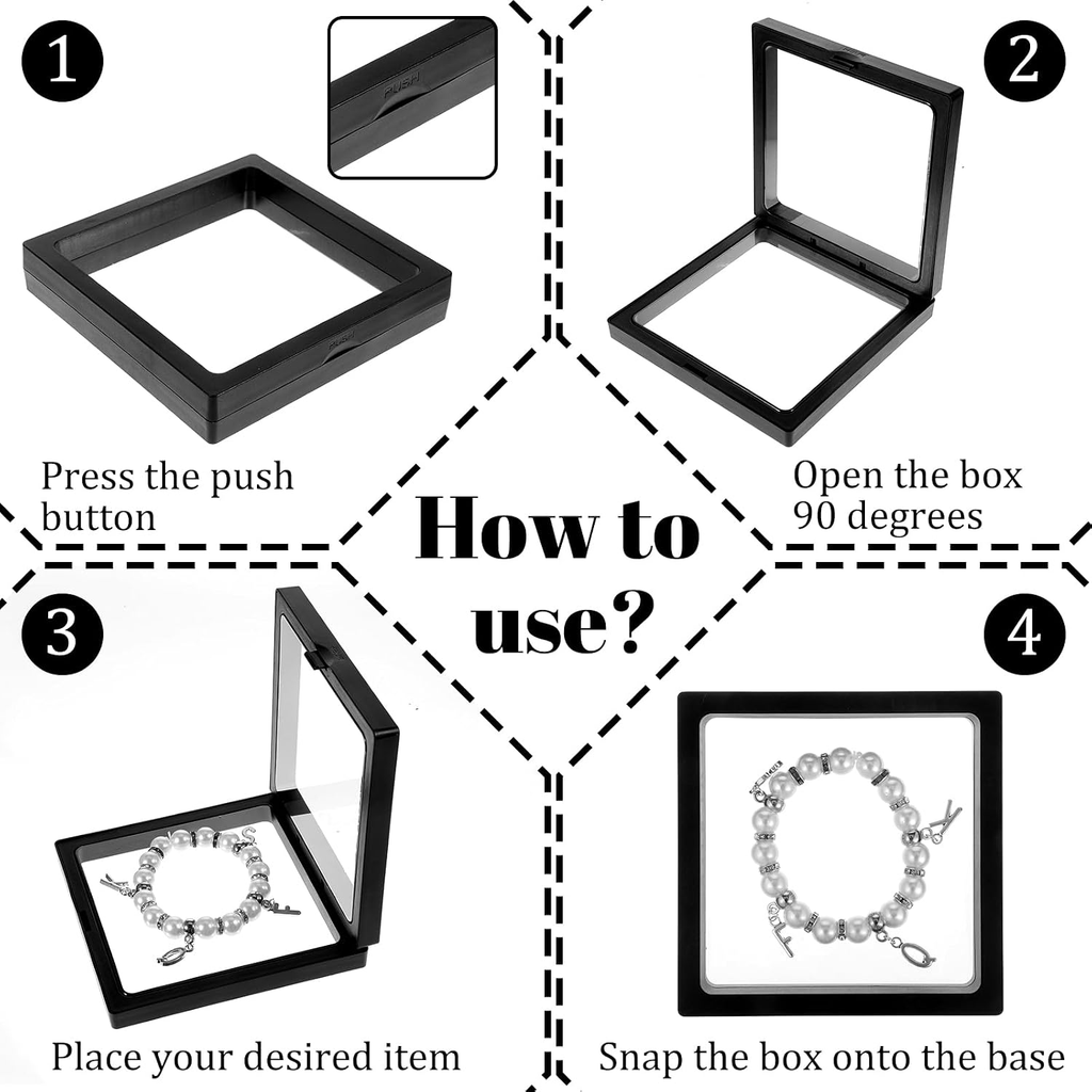 4 Pack 4.3 Inch Floating Display Case, Floating Frame with Stand, Black Abs Plas