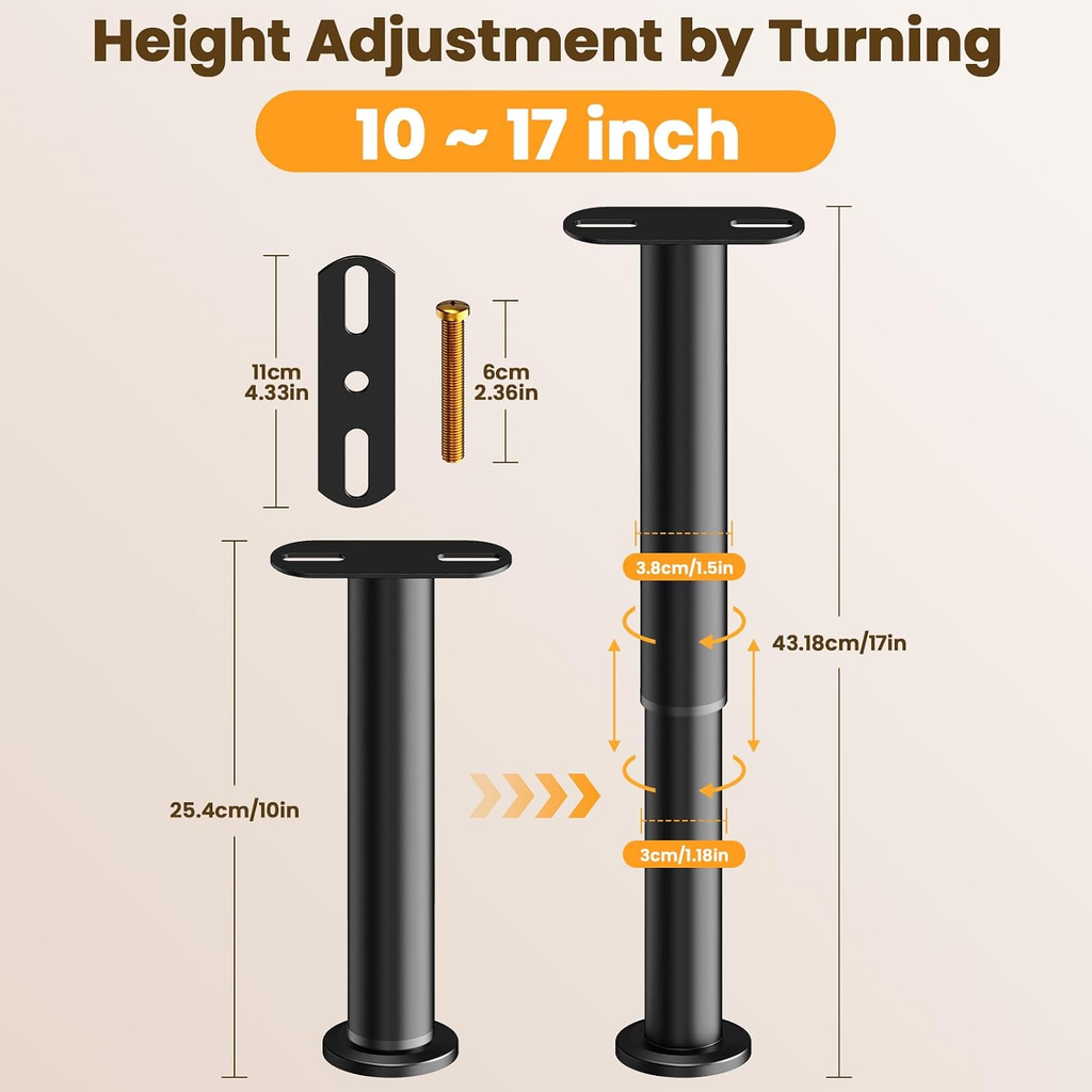 4Pcs Adjustable Bed Support Legs, 10-17 Inch Bed Frame Legs, Metal Bed Frame Sup