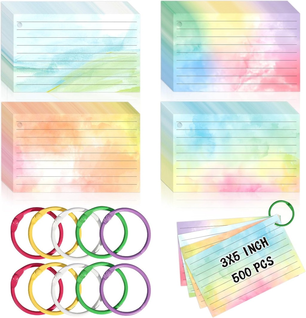 500 PCS Colored Index Cards with Hole Lined Flash Cards with Binder Rings Waterc
