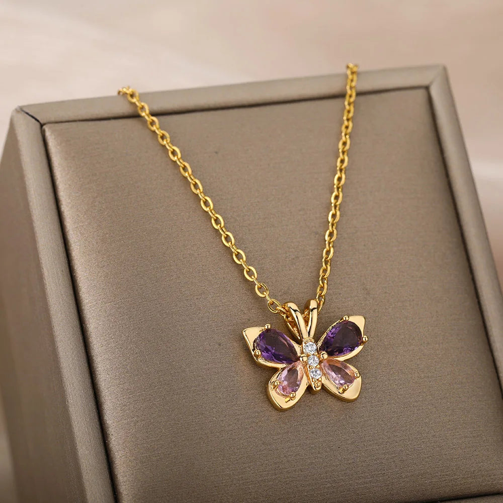 Crystal Butterfly Necklaces For WomenStainless Steel Crystal Purple Butterfly Charm Chain Choker Necklace Aesthetic Jewelry Gift