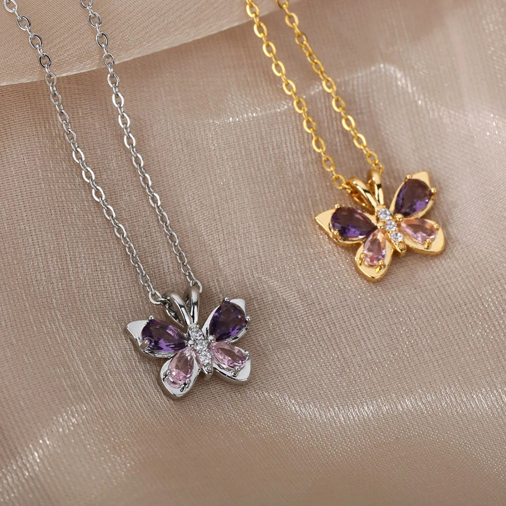 Crystal Butterfly Necklaces For WomenStainless Steel Crystal Purple Butterfly Charm Chain Choker Necklace Aesthetic Jewelry Gift
