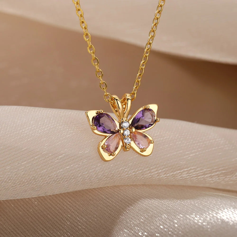 Crystal Butterfly Necklaces For WomenStainless Steel Crystal Purple Butterfly Charm Chain Choker Necklace Aesthetic Jewelry Gift