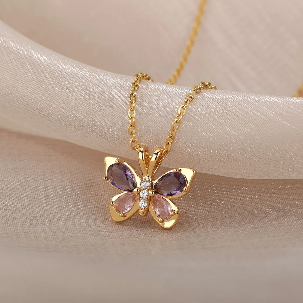 Crystal Butterfly Necklaces For WomenStainless Steel Crystal Purple Butterfly Charm Chain Choker Necklace Aesthetic Jewelry Gift