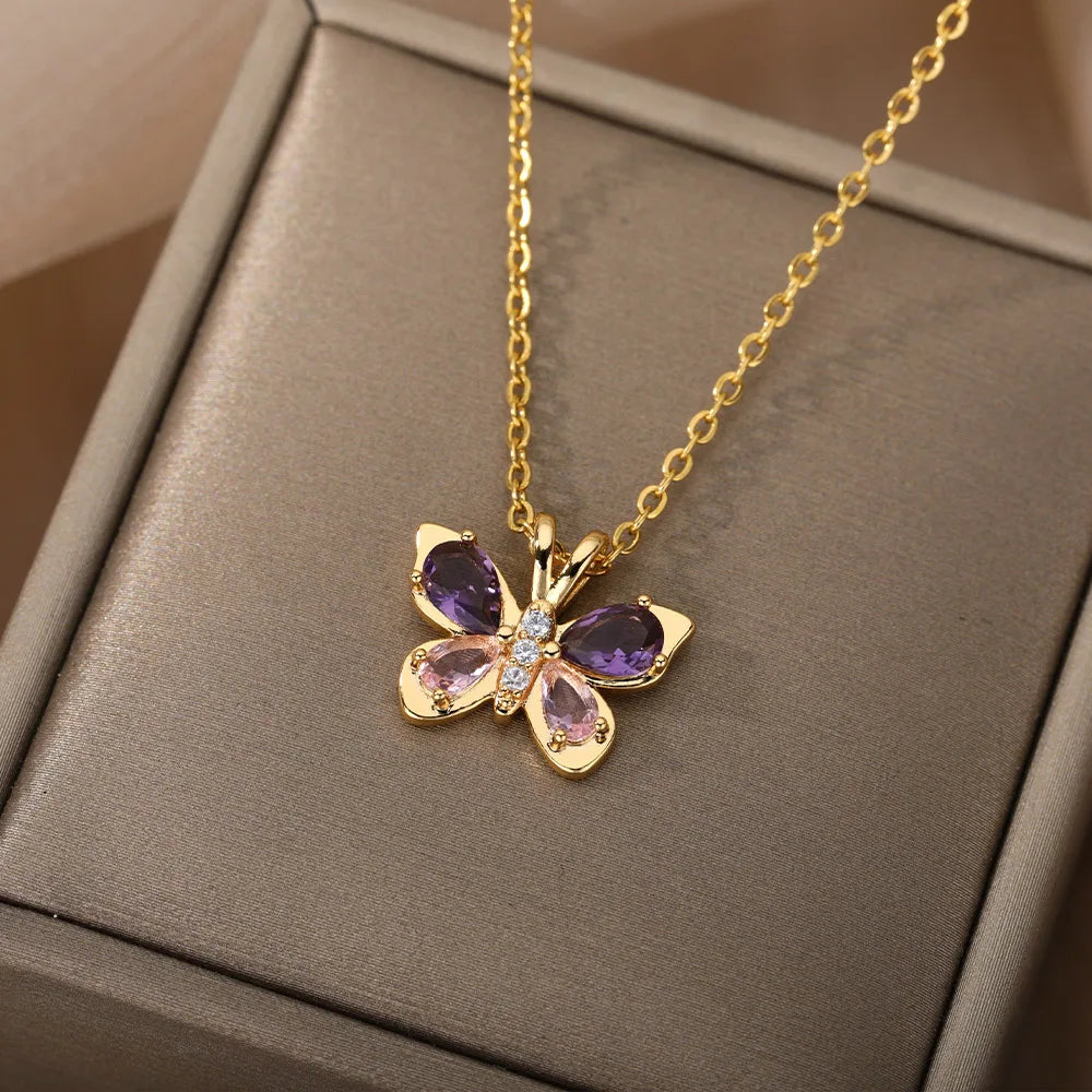 Crystal Butterfly Necklaces For WomenStainless Steel Crystal Purple Butterfly Charm Chain Choker Necklace Aesthetic Jewelry Gift