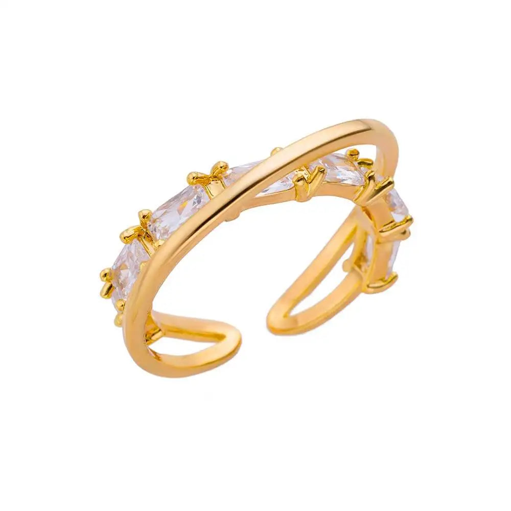 Zircon Double Layer Open Rings For Women Gold Color Adjustable Stainless Steel Ring Wedding Aesthetic Jewelry Gift Bijoux Femme