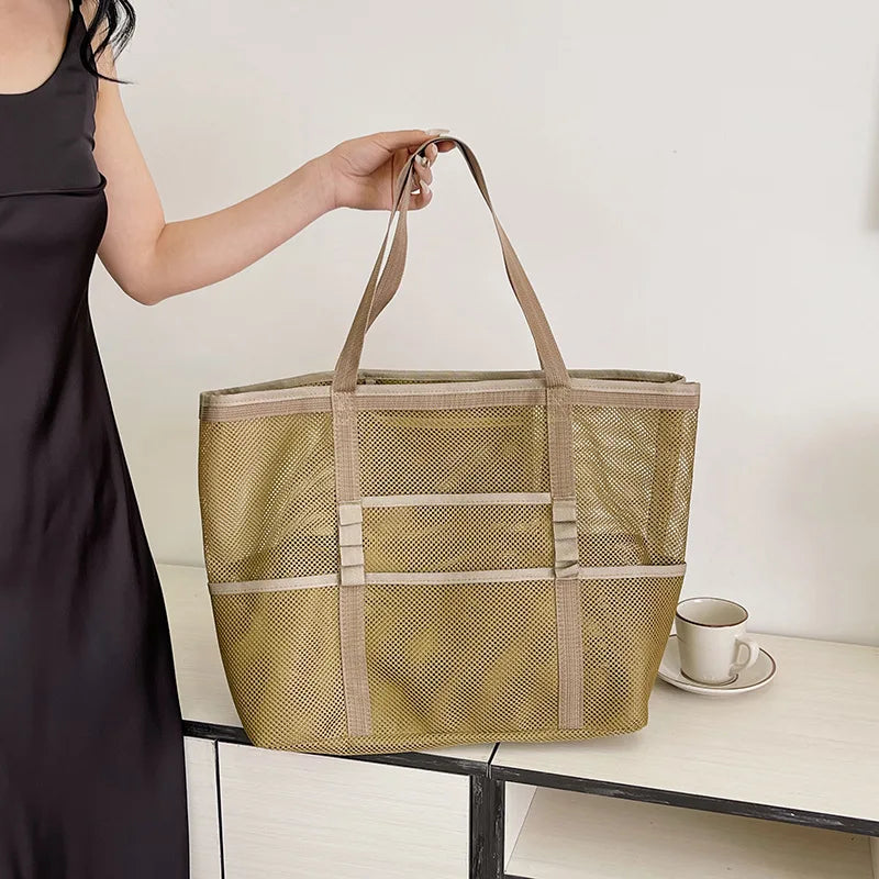 Large Capacity Canvas Beach bag Versatile Commuting Shopping Shoulder bag Lightweight Semi Transparent Mesh Hollow bag