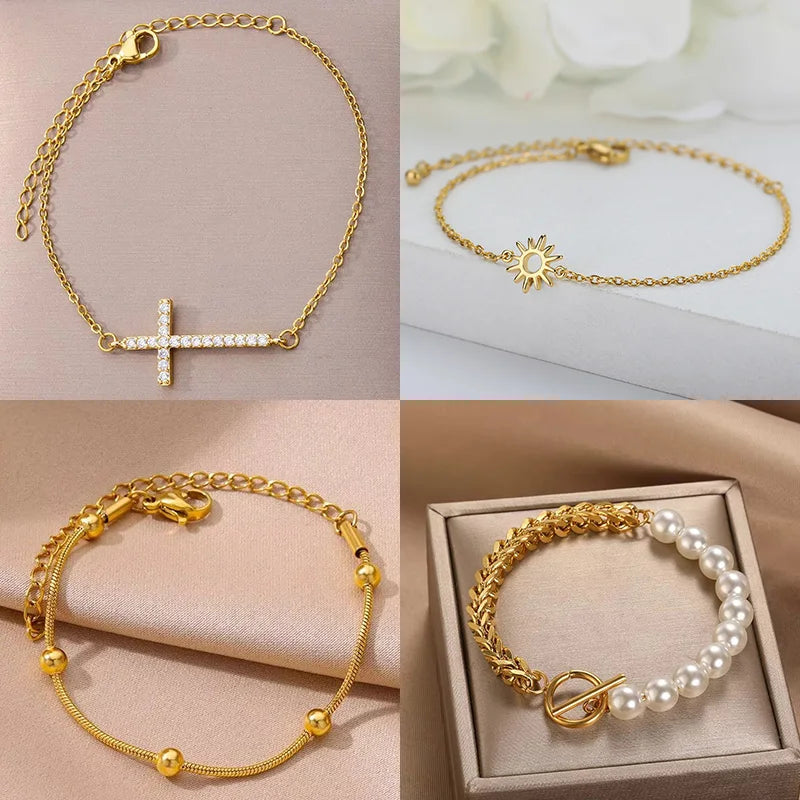 Crystal Cross Bracelets For Women Men Fashion Gold Color Stainless Steel Cross Bracelet Vintage Religion Aesthetic Jewelry Gift