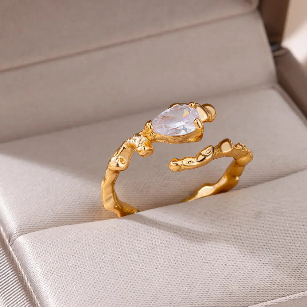 Water Drop Zircon Texture Rings For Women Gold Plated Stainless Steel Adjustable Ring 2023 Trend Wedding Aesthetic Jewelry Gift