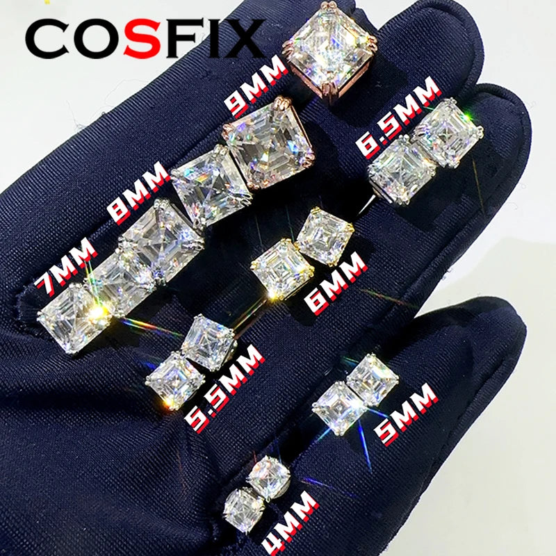COSFIX Moissanite Stud Earrings for Women Luxury Men Moissanite Stud Earrings Asscher Cut D Color Women's Moissanite Earrings