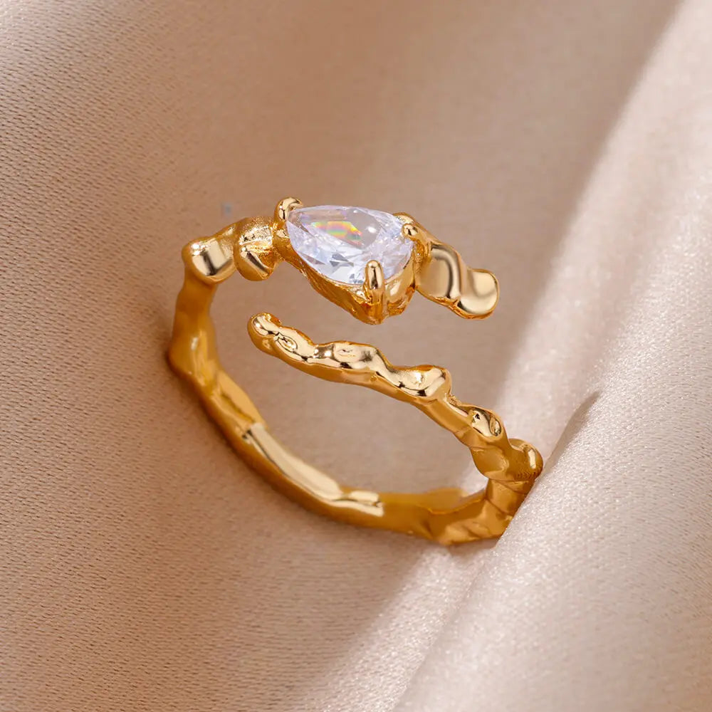 Water Drop Zircon Texture Rings For Women Gold Plated Stainless Steel Adjustable Ring 2023 Trend Wedding Aesthetic Jewelry Gift