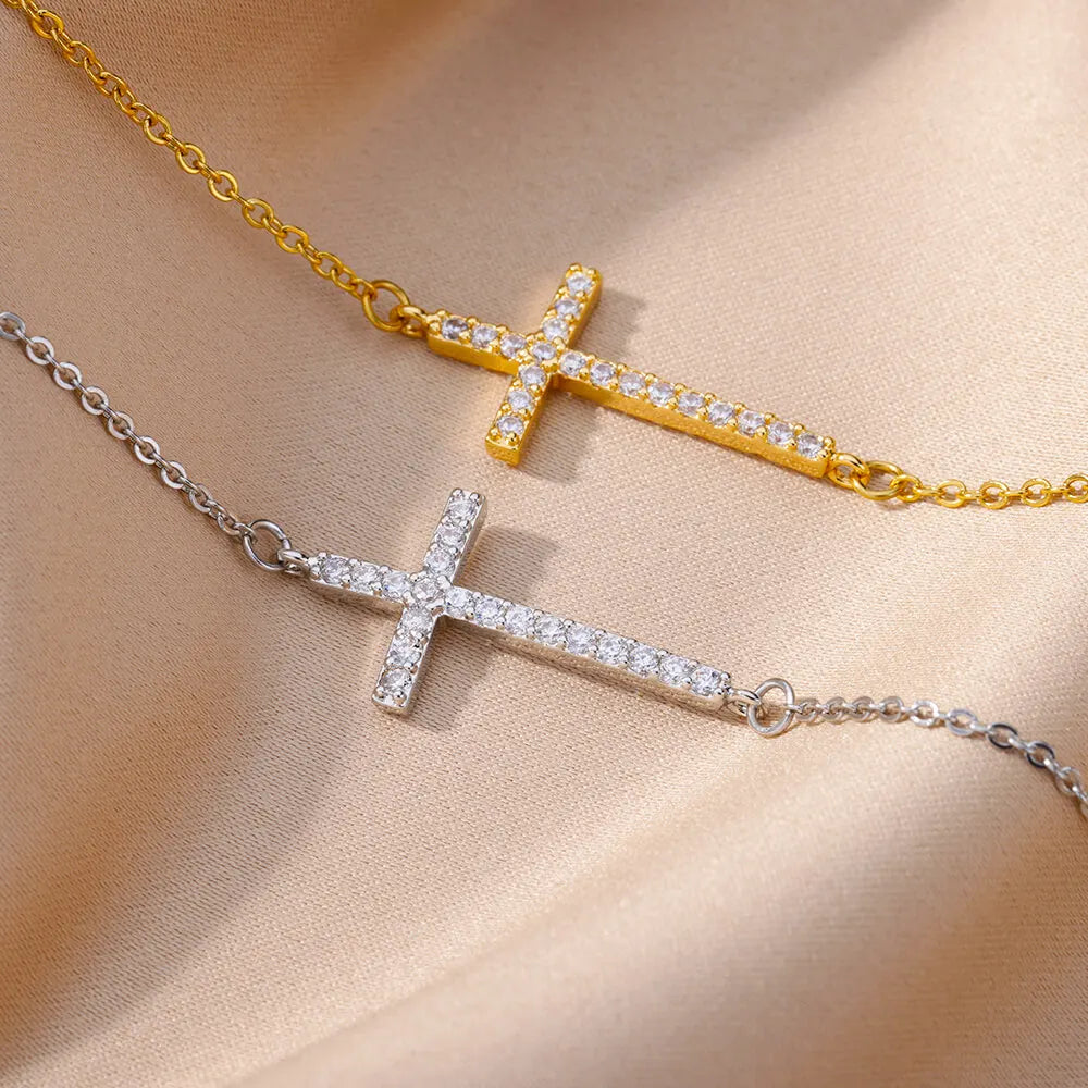 Crystal Cross Bracelets For Women Men Fashion Gold Color Stainless Steel Cross Bracelet Vintage Religion Aesthetic Jewelry Gift