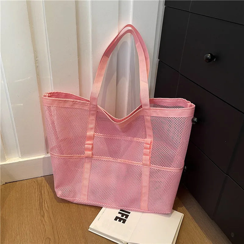 Large Capacity Canvas Beach bag Versatile Commuting Shopping Shoulder bag Lightweight Semi Transparent Mesh Hollow bag