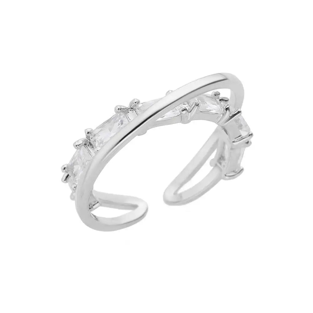 Zircon Double Layer Open Rings For Women Gold Color Adjustable Stainless Steel Ring Wedding Aesthetic Jewelry Gift Bijoux Femme