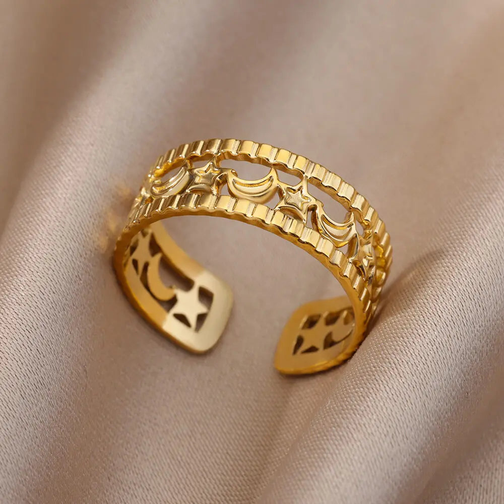 Stainless Steel Rings for Women Gold Color Hollow Out Wide Open Finger Ring 2023 Trend Luxury Aesthetic Jewelry anillos mujer