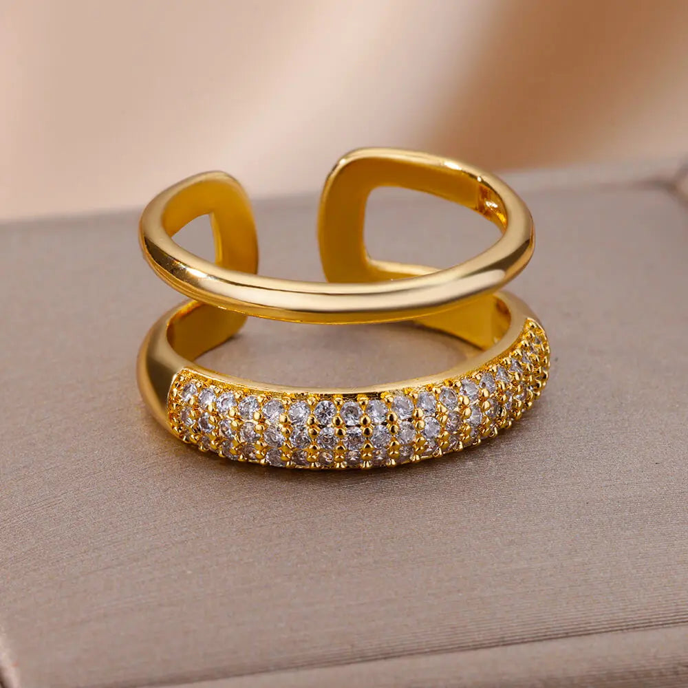 Zircon Double Layer Open Rings For Women Gold Color Adjustable Stainless Steel Ring Wedding Aesthetic Jewelry Gift Bijoux Femme