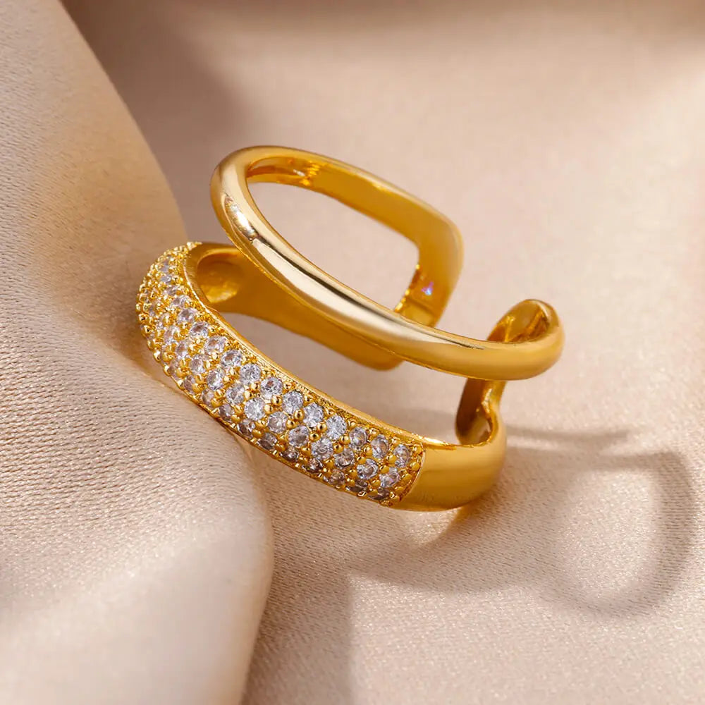 Zircon Double Layer Open Rings For Women Gold Color Adjustable Stainless Steel Ring Wedding Aesthetic Jewelry Gift Bijoux Femme