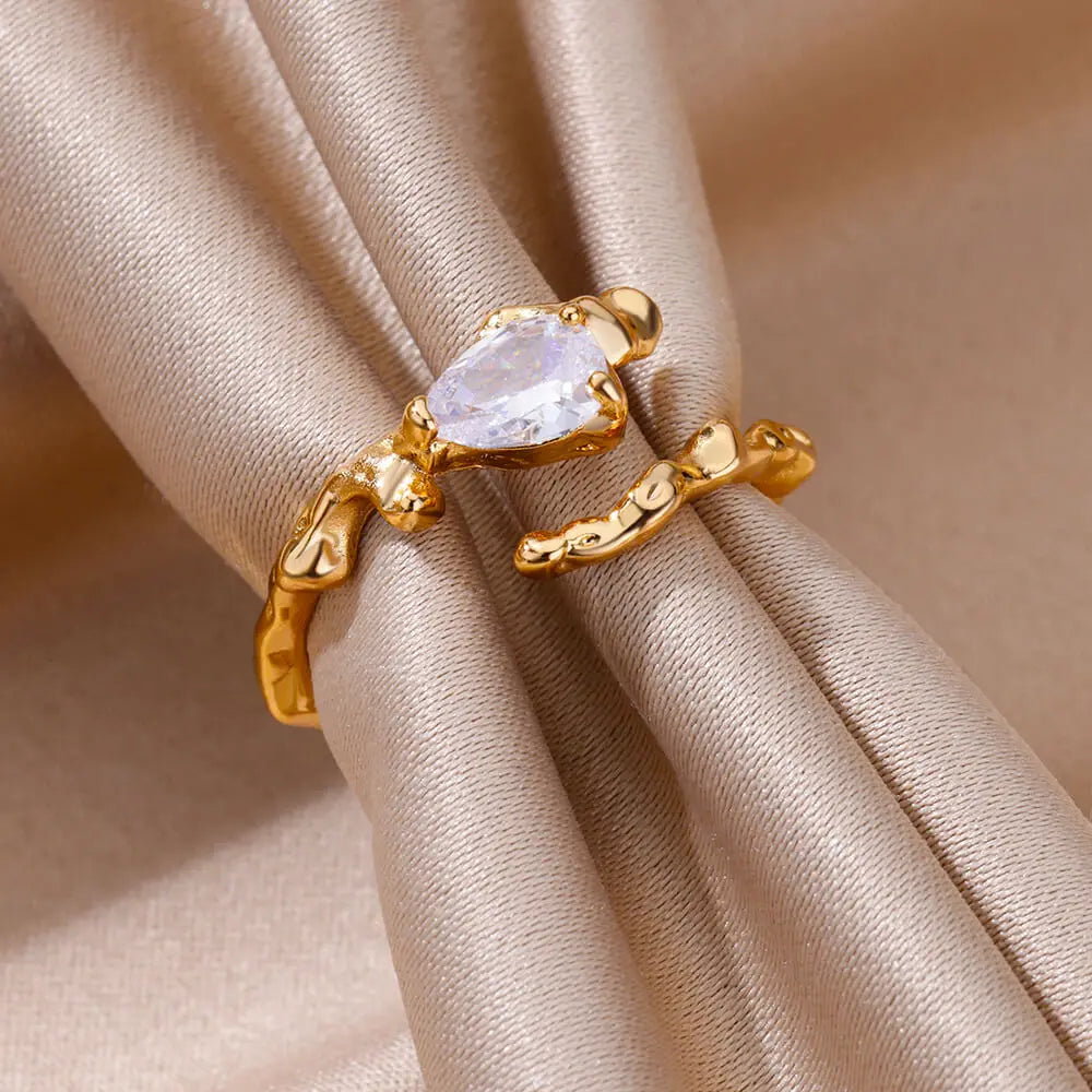 Water Drop Zircon Texture Rings For Women Gold Plated Stainless Steel Adjustable Ring 2023 Trend Wedding Aesthetic Jewelry Gift