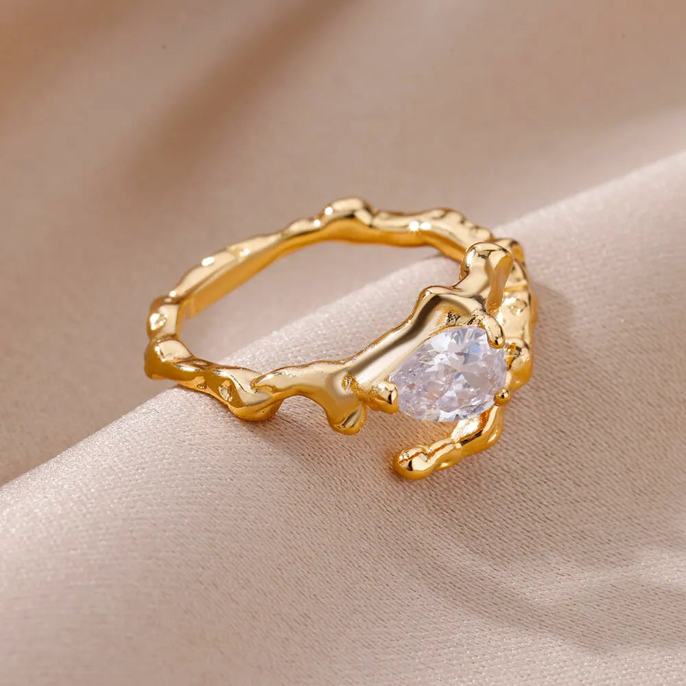 Water Drop Zircon Texture Rings For Women Gold Plated Stainless Steel Adjustable Ring 2023 Trend Wedding Aesthetic Jewelry Gift